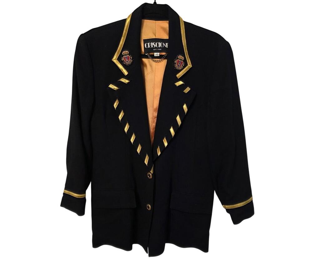 Criscione Navy Blue Military Inspired Gold Detailed Satin Blazer Womens XS Read